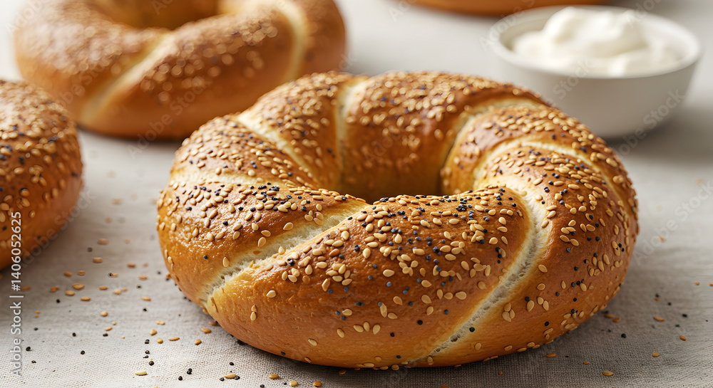 Freshly baked bagels sprinkled with sesame and poppy seeds in studio light Freshly baked bagels sprinkled with sesame and poppy seeds in studio light