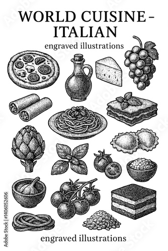 Exploring the Richness of Italian Cuisine through Engraved Illustrations of Traditional Dishes and Ingredients
