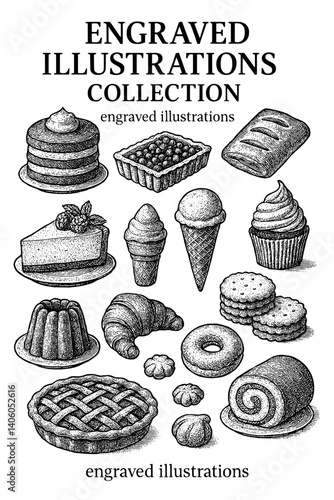 Delightful assortment of engraved treats showcasing various desserts and pastries perfect for a vintage culinary collection