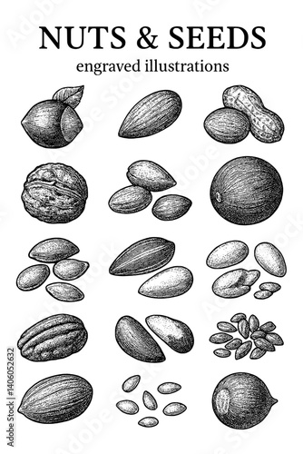 Artistic engraved illustrations of various nuts and seeds showcasing intricate details on a transparent background