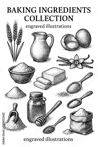 Baking ingredients collection showcasing engraved illustrations of essential culinary items for the art of baking