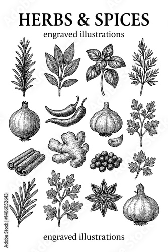 Engraved illustrations of herbs and spices showcasing nature's bounty in black and white on a transparent background