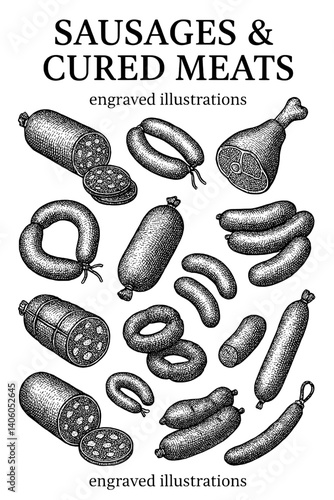 Detailed engravings of various sausages and cured meats revealing traditional culinary artistry