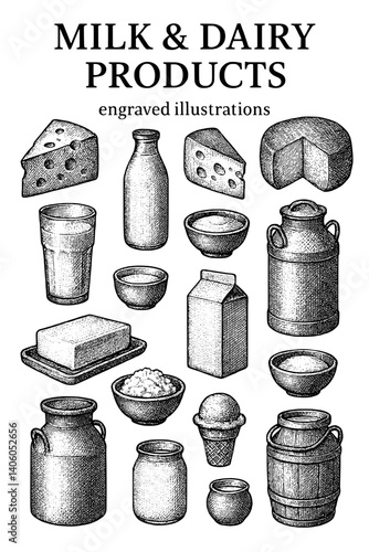 Engraved collection of milk and dairy products showcasing traditional craftsmanship and diverse dairy items from farms