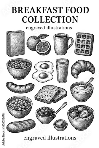 Breakfast food collection featuring engraved illustrations of various morning delights in detailed black and white style