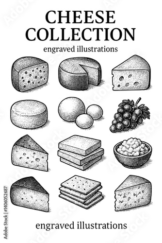 Exploring the Delights of Dairy with Engraved Illustrations of Diverse Cheeses and Accompaniments