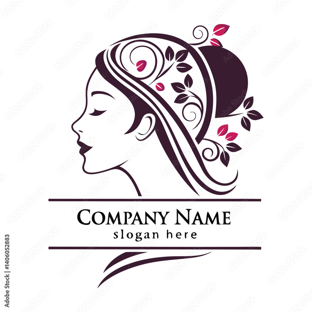 Elegant female profile with floral design logo Elegant female profile with floral design logo