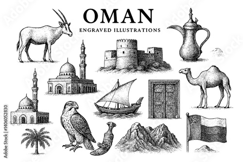 Engraved illustrations depicting iconic symbols of Oman, showcasing the country's rich culture and landscape