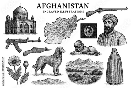 Exploring the rich cultural tapestry of Afghanistan through detailed engraved illustrations featuring iconic symbols