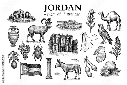 Explore the rich history and culture of Jordan through intricate engraved illustrations showcasing its iconic symbols and landscapes