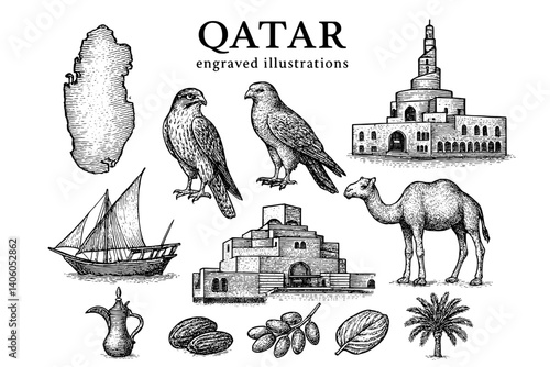 Engraved illustrations showcasing the rich culture and heritage of Qatar with various iconic symbols and elements
