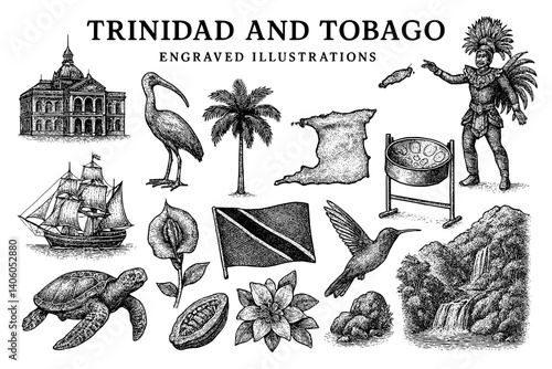 Engraved illustrations showcasing the rich culture and nature of Trinidad and Tobago with a historical touch