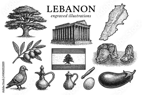 Engraved illustrations showcasing Lebanon's cultural heritage and natural beauty in a detailed vector design
