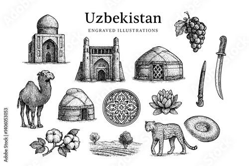Exploring the rich culture and heritage of Uzbekistan through intricate engraved illustrations