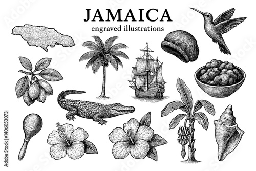 Engraved illustrations capturing the essence of Jamaica through its flora, fauna, and cultural symbols in a stunning vector design