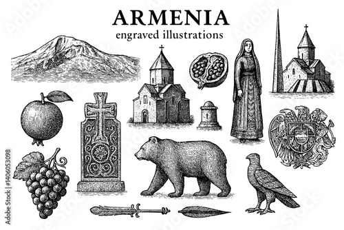 Engraved illustrations of Armenia showcasing the rich cultural heritage and beautiful landscapes in stunning detail