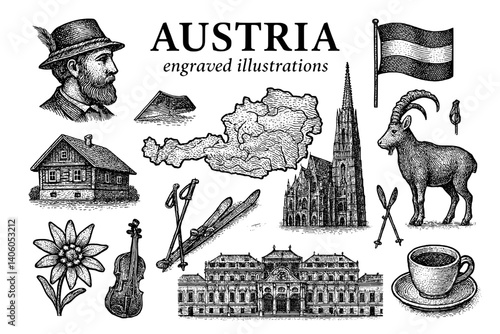 Engraved illustrations showcasing the cultural essence and natural beauty of Austria in a striking monochrome design
