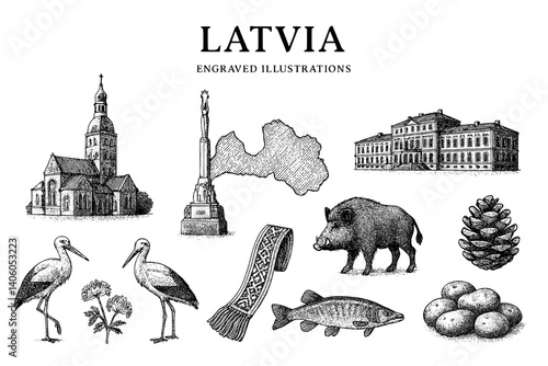Engraved illustration capturing the essence of Latvia with cultural symbols and natural elements in intricate detail