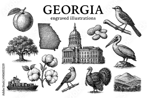Engraved artistic representations of Georgia's landmarks, flora, and fauna showcasing the state's rich heritage and diversity