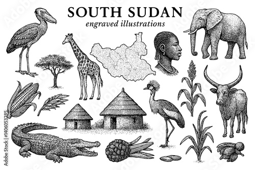 Engraved illustrations showcasing the diverse wildlife and culture of South Sudan in black and white art