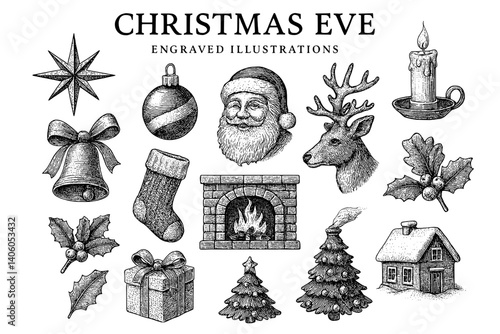 Captivating engravings celebrating the charm of Christmas Eve with festive icons and nostalgic elements