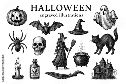 Engraved Halloween illustrations featuring spooky motifs including bats, witches, and haunted houses