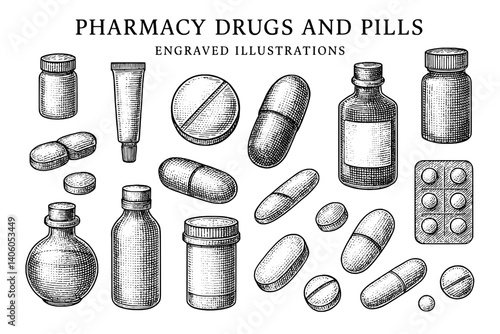 Artistic engraved illustration of various pharmacy drugs and pills in a vintage style, showcasing medicines in unique designs