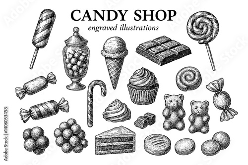 Delightful assortment of engraved candy shop treats featuring a variety of sweets and confections