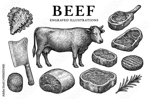Engraved illustrations of beef cuts showcasing a cow alongside various steak preparations and kitchen tools for culinary enthusiasts