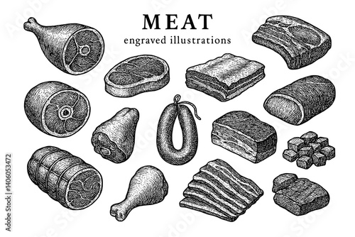 Detailed engraved illustrations of various meat cuts showcasing culinary artistry with a transparent background