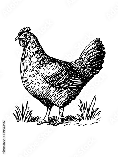 Elegant engraved illustration of a hen standing proudly amidst grass for agricultural and culinary themes