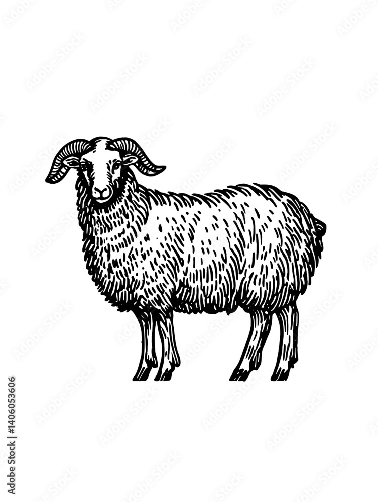 Fototapeta premium Elegant engraved illustration of a ram standing gracefully, showcasing its detailed fur and majestic horns against a transparent backdrop