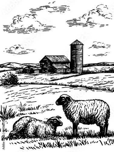 Engraved illustration of sheep grazing peacefully in a vast farmland with a rustic barn and silo in the background