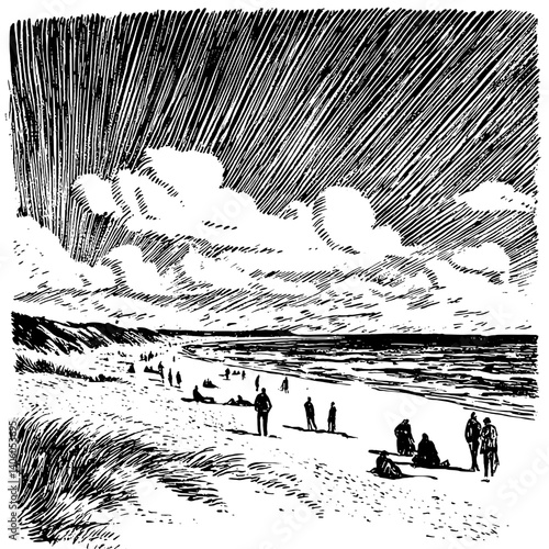 Engraved illustration of a serene beach with silhouetted figures enjoying the sunset
