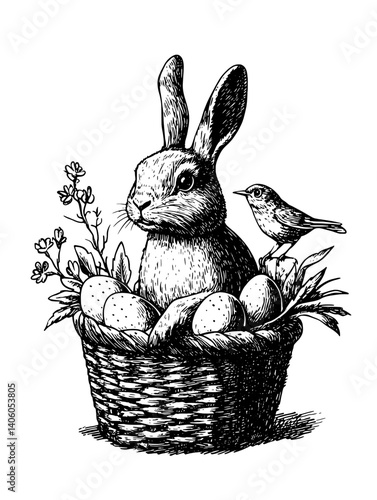 Bunny with eggs and a bird in a rustic basket surrounded by spring flowers