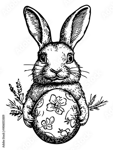 Delightful engraved rabbit cradling a floral Easter egg surrounded by gentle foliage in a whimsical illustration style