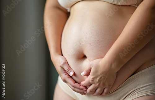 Wallpaper Mural Close-up of woman belly with excess fat, obesity, body issues. Unhealthy skin texture, stretch marks. Close-up body part of overweight female. Hands holding abdomen. Health, slimming, body image Torontodigital.ca