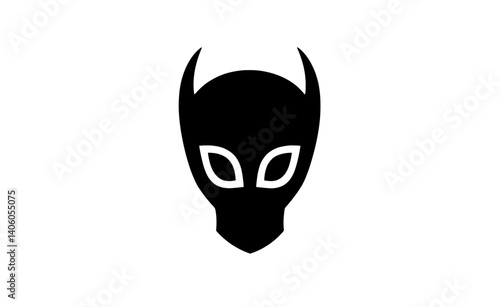 Minimalistic black and white engraved illustration of a stylized mask with distinct features and sharp horns