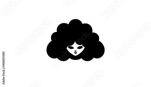Elegant engraved illustration of a stylized woman with voluminous hair against a transparent backdrop