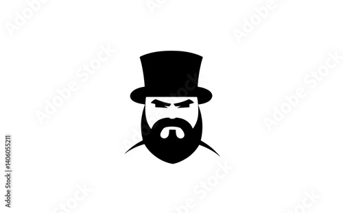 Bold engraved illustration of a bearded man with a top hat expressing a fierce demeanor in black and white design