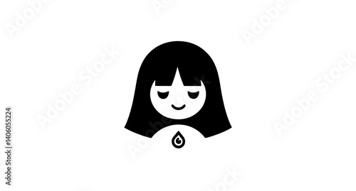 Charming engraved illustration of a young girl with a droplet symbol, embodying tranquility and innocence through minimalistic design
