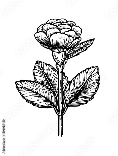 Delicate engraved rose illustration with intricate details on a transparent background