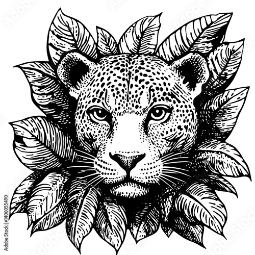 Majestic leopard head surrounded by intricate foliage in a striking engraved style, showcasing nature's beauty and elegance