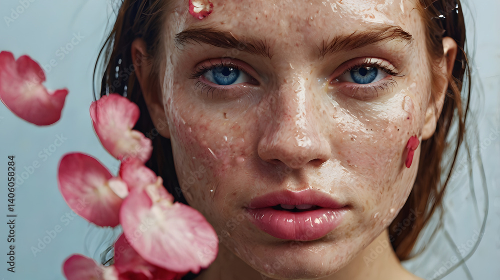 Fashion Concept. Wet drench freckled skin blue eye woman with pink red flower petals surrounding covering her face. sensual, mysterious, advertisement, magazine, copy text space