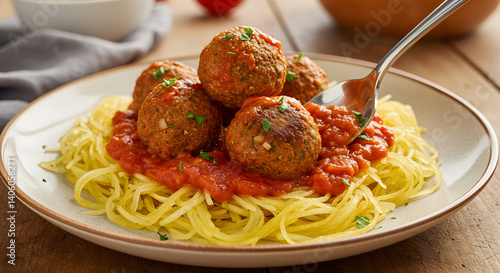 Delicious Vegan Meatballs With Tomato Sauce Over Spaghetti Squash