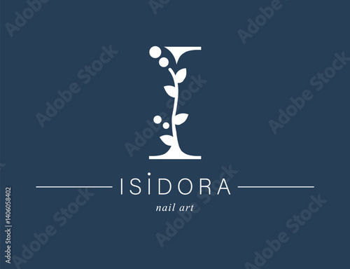 Logo, capital letter I. Monogram of Botanical Minimalistic, Initial. with Organic Plant Elements. Vector design. for tattoo studio