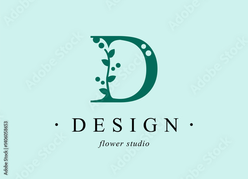 Logo, capital letter D. Monogram of Botanical Minimalistic, Initial. with Organic Plant Elements. Vector design. for tattoo studio