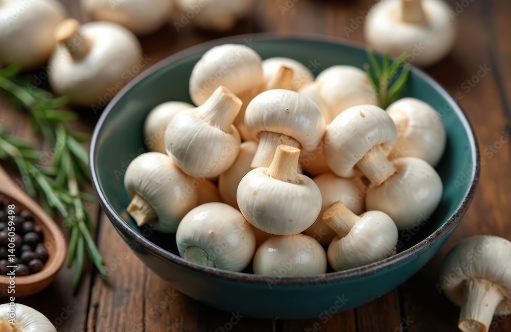 Fresh whole white button mushrooms in bowl on wooden table. Healthy vegetarian food ingredient for meals, cooking. Organic diet. Champignons close-up view. Fresh whole white button mushrooms in bowl on wooden table. Healthy vegetarian food ingredient for meals, cooking. Organic diet. Champignons close-up view.