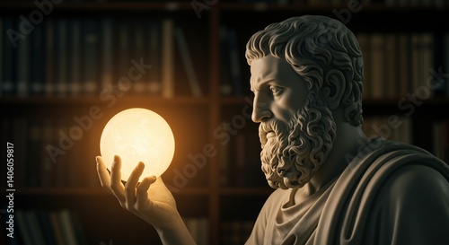 Majestic statue of a philosopher holding a glowing sphere, representing knowledge, in a dimly lit library with shelves of books as the backdrop