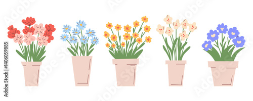 Set of cute potted flowers vector illustration. Spring floral collection in simple, flat hand drawn style. Perfect for decoration, cards, stickers. Bright and cheerful botanical elements.